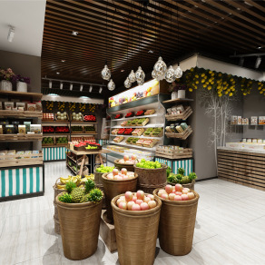 现代水果超市 吊灯 货柜 货架 水果 收银台